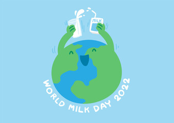 World globe with milk box and glass, World Milk Day 2022 concept cartoon flat design illustration isolated on blue background with copy space, vector eps 10