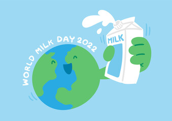 World globe with milk box, World Milk Day 2022 concept cartoon flat design illustration isolated on blue background with copy space, vector eps 10