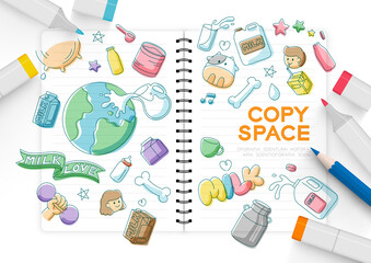 Notebook with Milk doodle kids Imagine of Future hand drawing pattern editable stroke, World Milk Day 2022 concept, cartoon minimal flat design illustration top view background copy space, vector