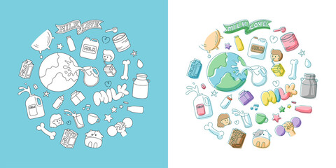 Milk doodle kids hand drawing pattern set editable stroke and marker watercolor, World Milk Day 2022 concept, cartoon minimal flat design illustration isolated on white background, copy space, vector