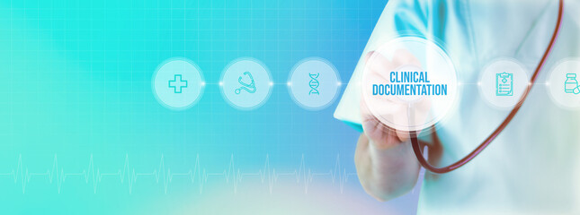 Clinical Documentation (CD). Doctor with stethoscope in focus. Icons and text on a digital interface. Medical technology