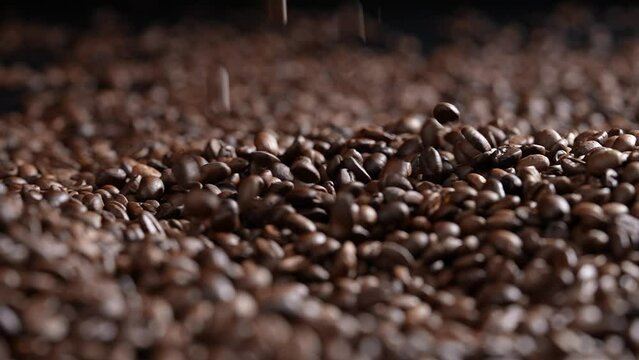Roasted Coffee beans falling into Pile of coffee beans. Freshly roasted strong aromatic coffee beans in a large pile. Slow motion.