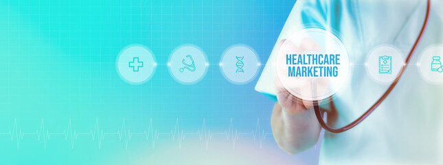 Healthcare Marketing. Doctor with stethoscope in focus. Icons and text on a digital interface....