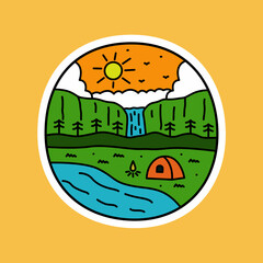 Nature waterfall camping life. design for t-shirt, kids stuff,sticker etc