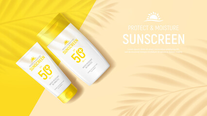 Sunscreen ad banner template. Banner with tube and jar of sunscreen on color background with shadows of tropical plants. Vector 3d ad illustration for promotion of summer goods. - obrazy, fototapety, plakaty