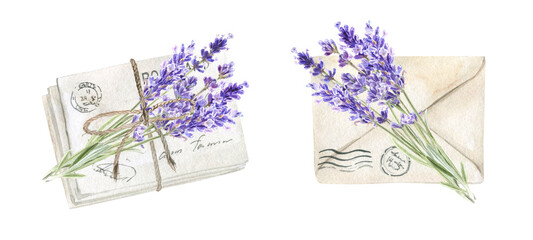 Watercolor envelopes with lavender bouquet. Love letter with wild flowers. For decorating invitations, websites, banners, postcards, fabrics, logos © ElenaDoroshArt