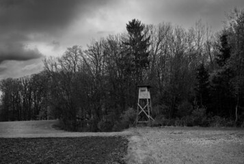 Raised Perch or Hide or on the Forest Edge in Mostviertel Region of Lower Austria in Monochrome...