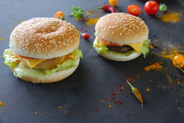 Two burgers on a blue background