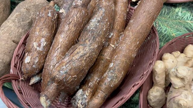 Tapioca root fresh ripe fruit counter market shop healthy meal food diet snack veggie vegan or vegetarian food copy space food background