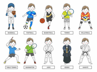 たくさんの種目のスポーツのイラストセット（男性）