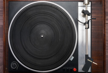 old turntable for vinyl records, close-up top view