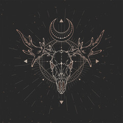 Vector illustration with hand drawn Elk skull and Sacred geometric symbol on black vintage background. Abstract mystic sign.