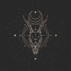 Vector illustration with hand drawn Roe deer skull and Sacred geometric symbol on black vintage background.