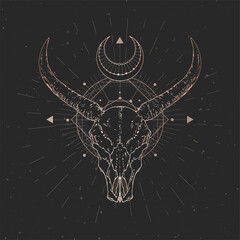 Vector illustration with hand drawn Wild buffalo skull and Sacred geometric symbol on black vintage background. Abstract mystic sign.