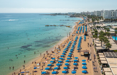 beach line on the Mediterranean sea in Protaras, Cyprus, view from the top, aerial