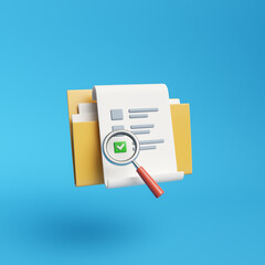 3d icon of file folder with open document and magnifying glass checkmark . Search and analysis data concept. 3d illustration. 3d render.