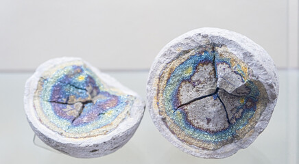 pyrite iridescent round shape. Beautiful mineral, background, texture. Soft focus, selective focus