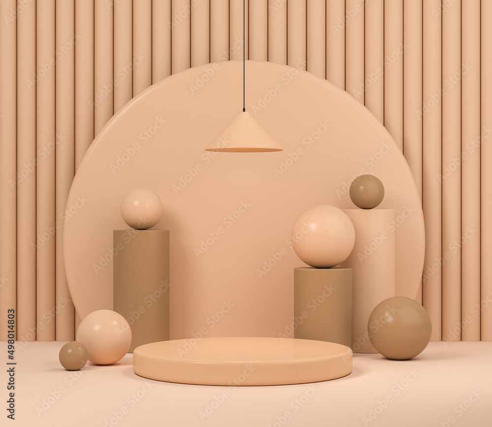 Poster cylinder platform and different spheres with lamp, mockup for product display