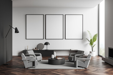 Light relax room interior with seats and coffee table, window and mockup frames