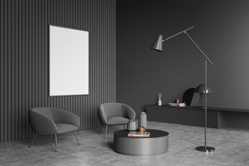 Lounge room interior with two seats and coffee table. Mockup frame