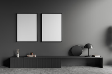 Grey gallery interior with shelf and decoration, mockup frames