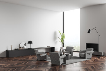 Stylish living room interior with seats and coffee table, window and mockup