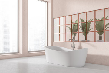 Light bathroom interior with bathtub, plant and window with city view