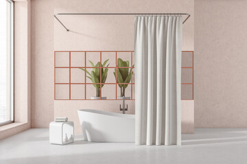 Fototapeta premium Light bathroom interior with bathtub and curtain, plant and window