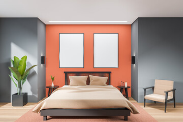 Bedroom interior with bed, armchair and decoration. Mockup frames