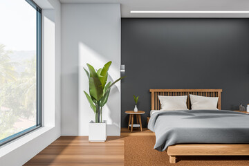 Bedroom interior with bed on carpet, plant and panoramic window. Mockup