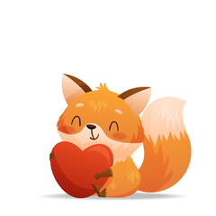 Baby fox sits and hugs a heart with love. Drawn in cartoon style. Vector illustration for designs, prints and patterns. Isolated on white background
