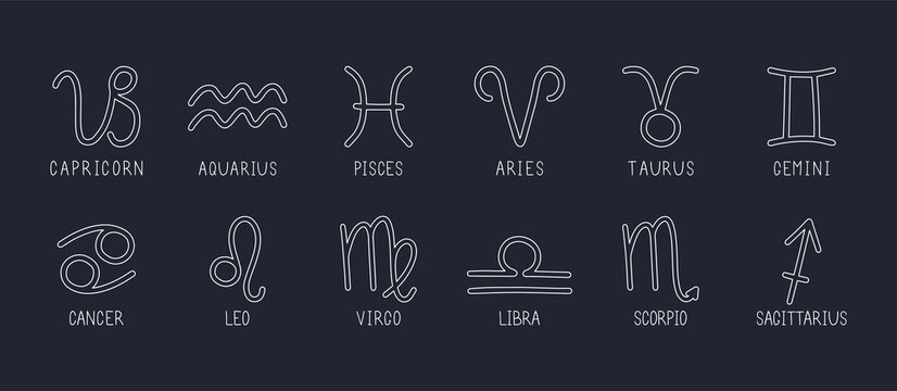 Vector set of zodiac signs. Symbols 12 signs with inscriptions on the blue sky. Vector images of zodiac signs for astrology and horoscopes.