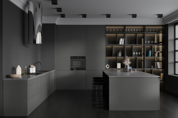 Front view on dark kitchen room interior with panoramic window