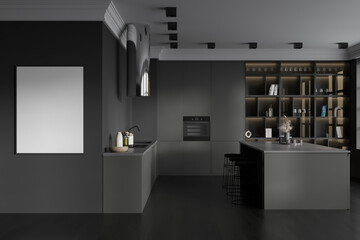 Dark kitchen room interior with empty white poster