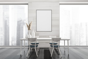 Light dining room interior, window with city view. Mockup frame