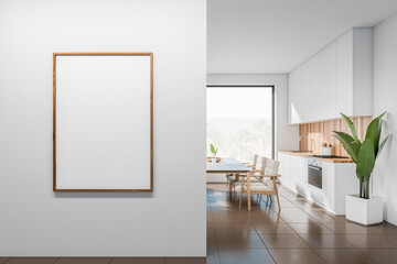 Fototapeta premium Light kitchen interior with seats and eating table. Mockup frame
