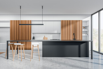 Front view on bright kitchen room interior with panoramic window