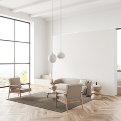 Light lounge room interior with seats and couch, coffee table and window, mockup