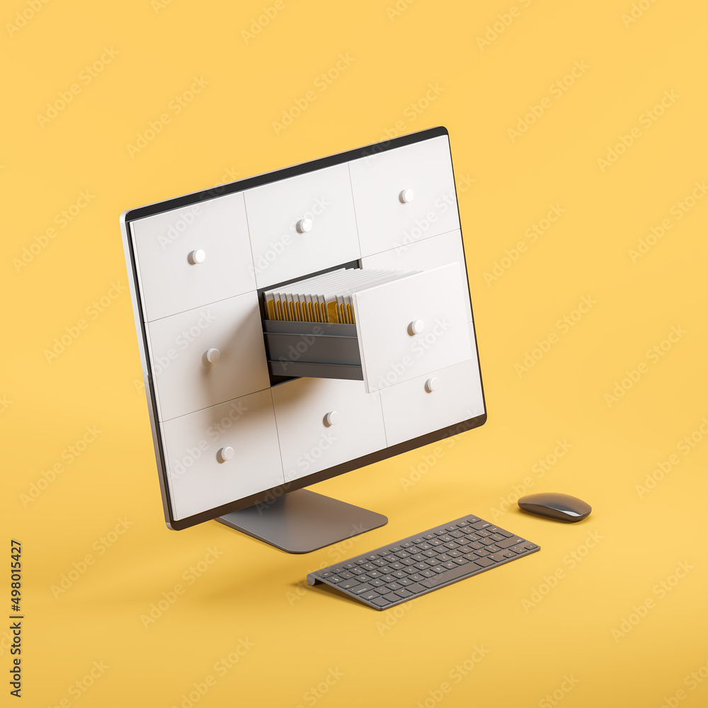 Poster computer screen and stack of files, cabinet with paper documents
