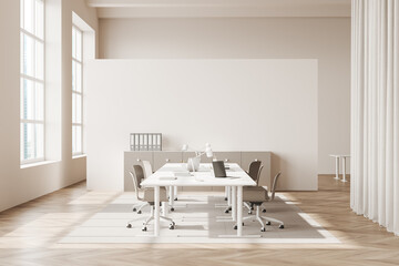 Light office room interior with table and seats, laptop and window. Mockup
