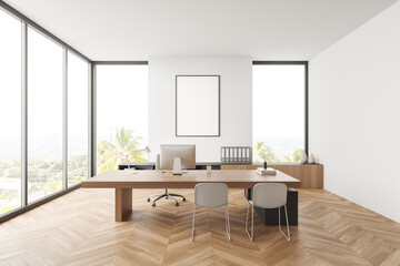 Light manager room interior with desk and chairs, drawer and mockup frame