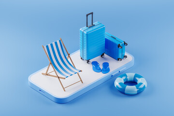 Smartphone screen and vacation accessories for traveling. Mockup