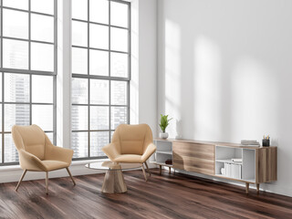 Light relax room interior with chairs and drawer, window. Mockup
