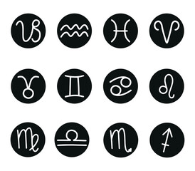 Zodiac horoscope signs vector illustrations. Collection of hand drawn zodiac signs in doodle style. Astrology vector graphics set.