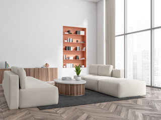 Light chill room interior with couch and decoration, panoramic window, mockup