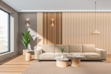 Beige living room interior with sofa and coffee table, panoramic window