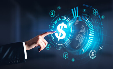 Man finger touch dollar hud, glowing sphere with binary, online payment