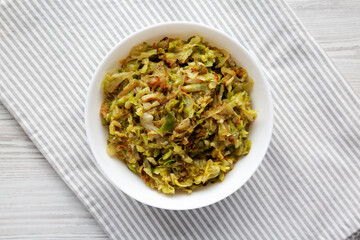 Homemade Irish Sauteed Cabbage in a Bowl, top view. Flat lay, overhead, from above.