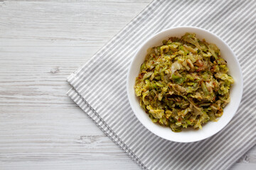 Homemade Irish Sauteed Cabbage in a Bowl, top view. Flat lay, overhead, from above. Space for text.