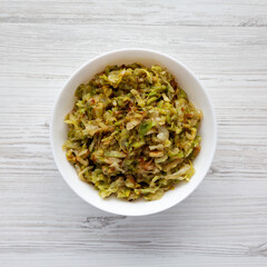 Homemade Irish Sauteed Cabbage in a Bowl, top view. Flat lay, overhead, from above.